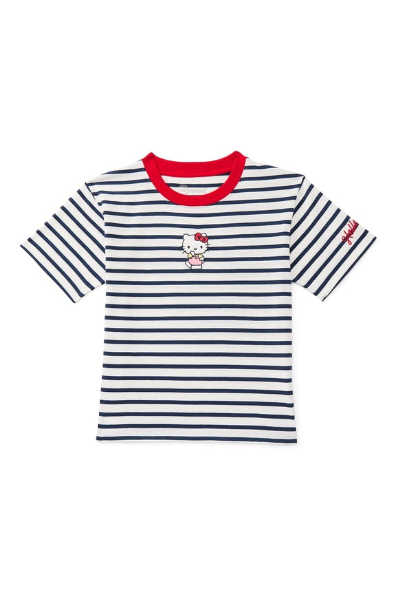 x Hello Kitty Girls Stripe Graphic Tee with Short Sleeves, Sizes 4-16
