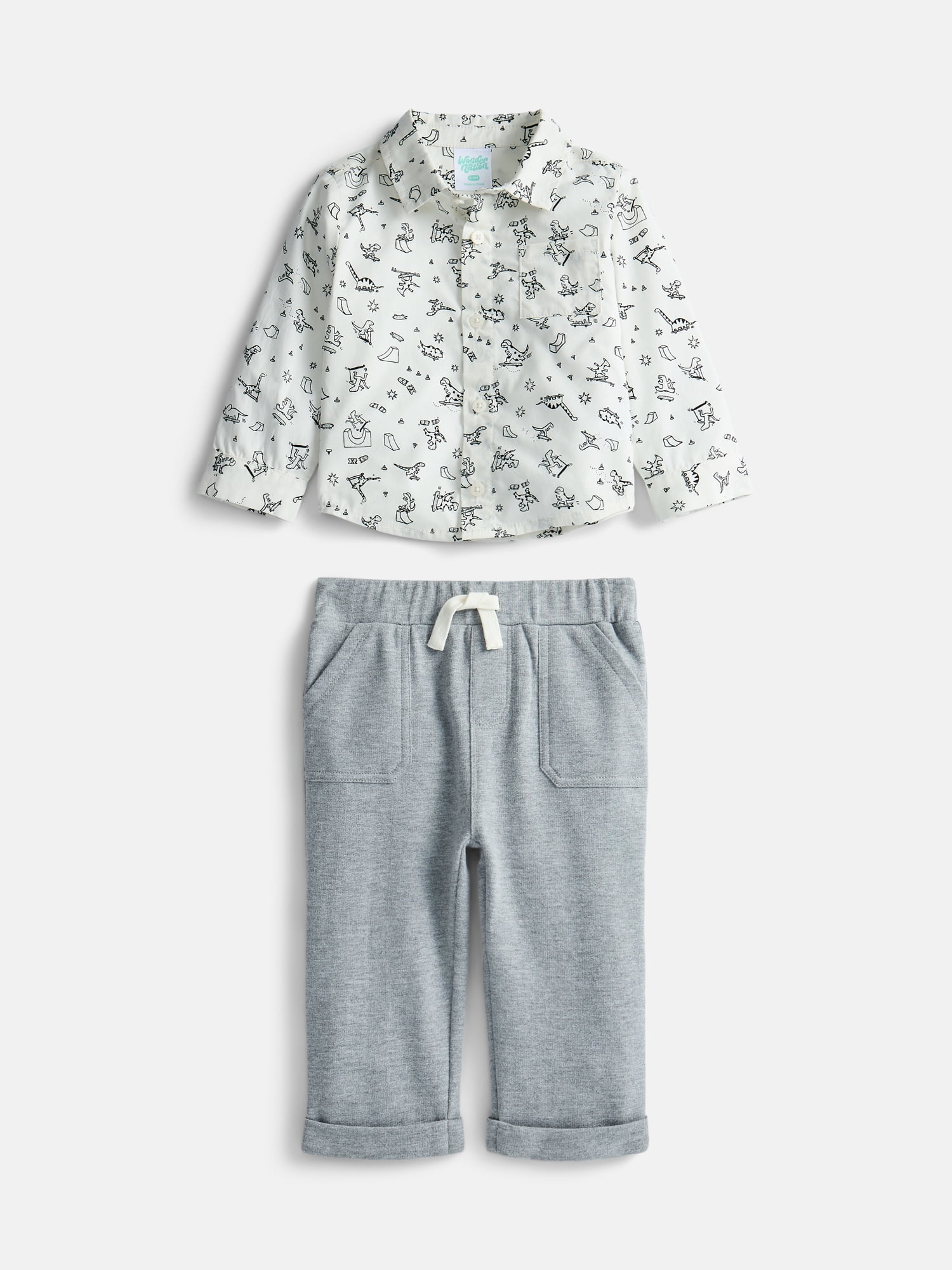 Wonder Nation Baby Boys Button Down Cotton Shirt and Pants Set, 2 Piece, Sizes 0/3M-24M