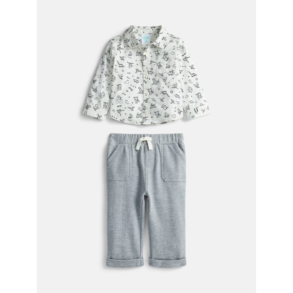 Wonder Nation Baby Boys Button Down Cotton Shirt and Pants Set, 2 Piece, Sizes 0/3M-24M