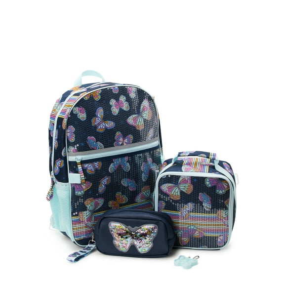 Wonder Nation Kids 17" Laptop Backpack and Lunch Tote Set, 4-Piece, Butterfly Print Blue Cove