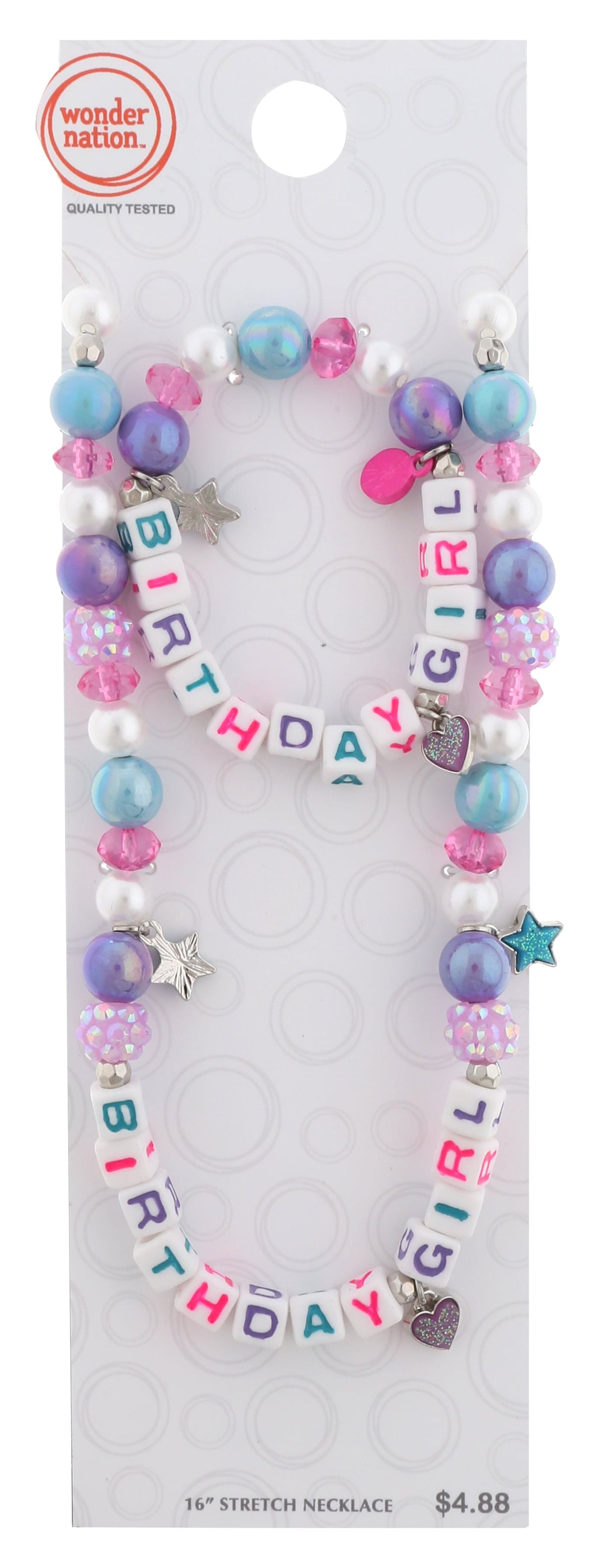 WONDER NATION Kids Birthday Girl Block Letter Stretch Necklace and Bracelet Set, 2 Pack Multi-color