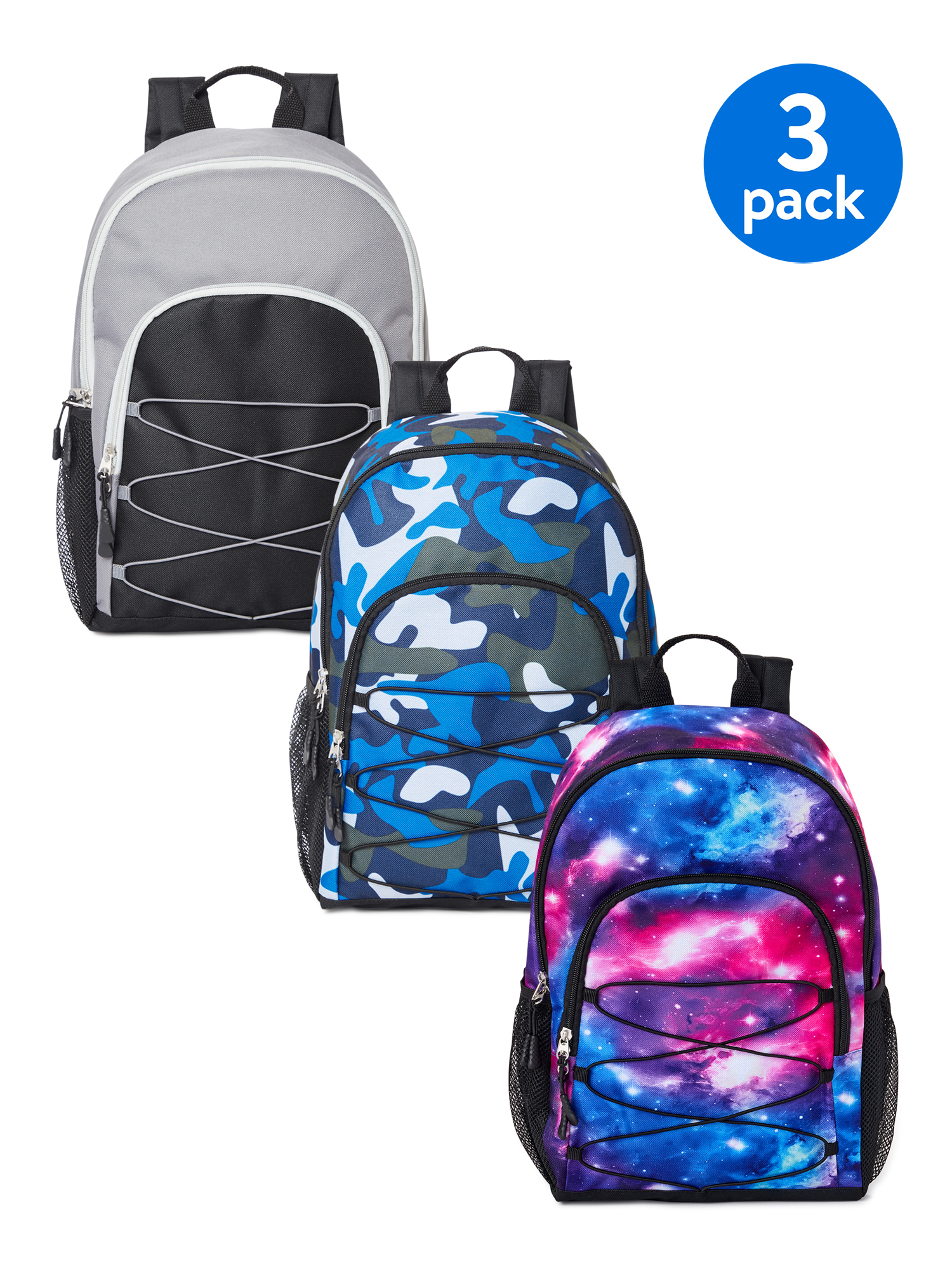 Wonder Nation Kids' Grey Colorblock Blue Camo Galaxt Print 3-Pack Backpacks - image 1 of 12