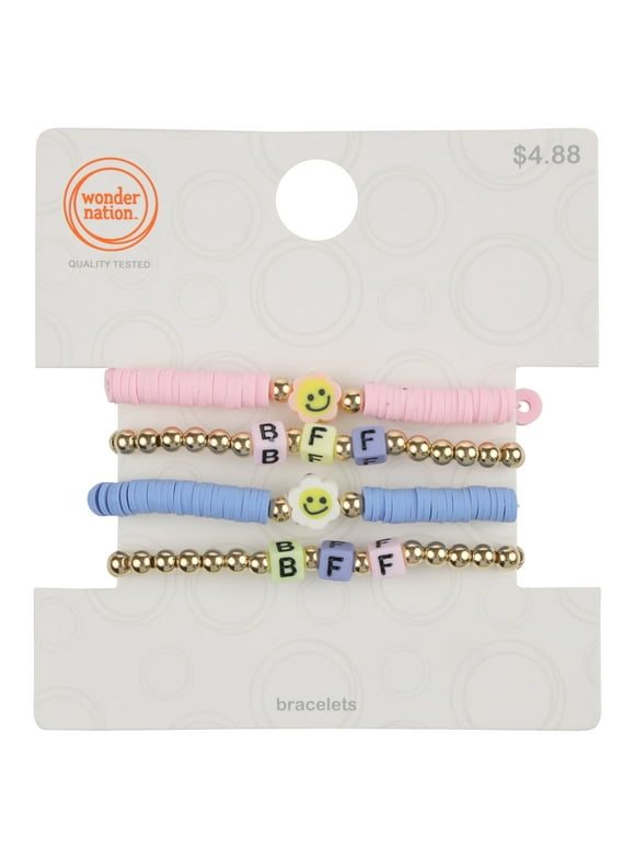 Wonder Nation Kids Pastel Beaded BFF/Flower Stretch Bracelet Set, 4 Pack