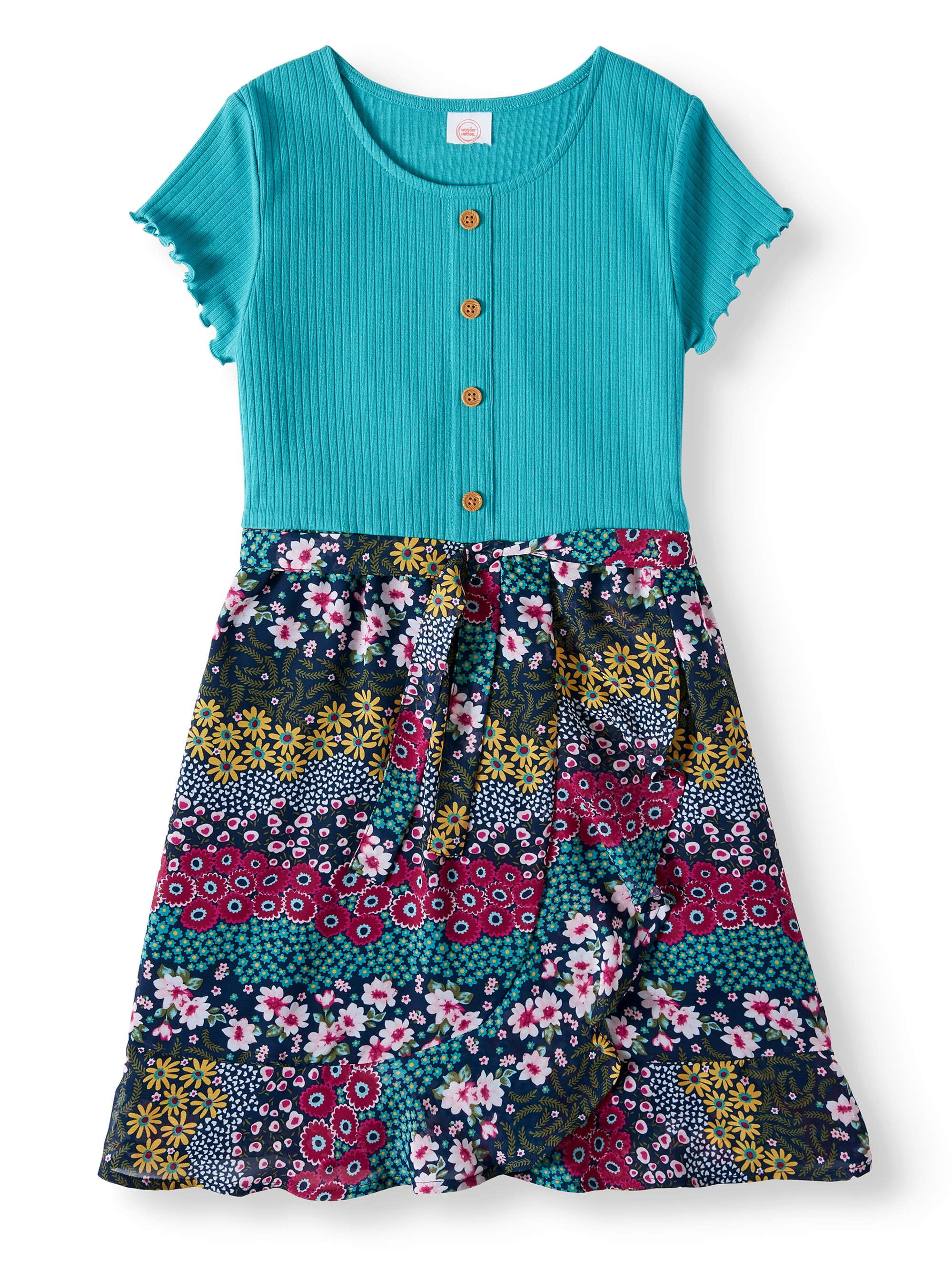 Wonder Nation Lettuce Sleeve Faux Wrap Dress (Little Girls, Big Girls