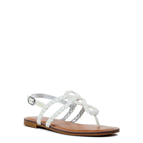 Wonder Nation Little & Big Girls Braided T-Bar Sandals, Flat White, 1