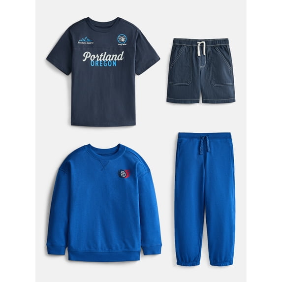 Wonder Nation Boys Tee, Crewneck, Joggers and Shorts, 4-Piece Outfit Set, Sizes 4-10