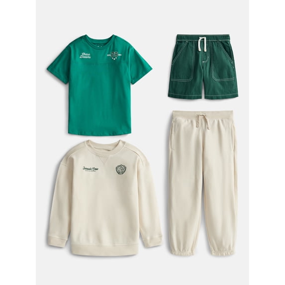 Wonder Nation Boys Tee, Crewneck, Joggers and Shorts, 4-Piece Outfit Set, Sizes 4-10