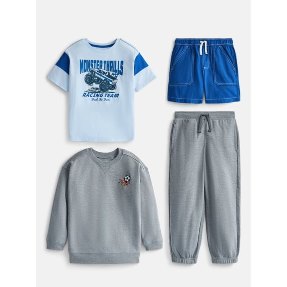 Wonder Nation Boys Tee, Crewneck, Joggers and Shorts, 4-Piece Outfit Set, Sizes 4-10