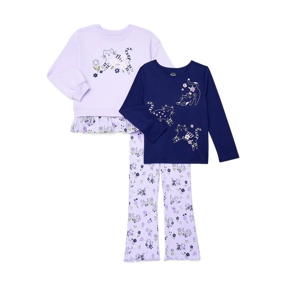 Wonder Nation Girls Sweatshirt and Tee with Flare Leggings Outfit Set, 3-Piece, Sizes 4-10