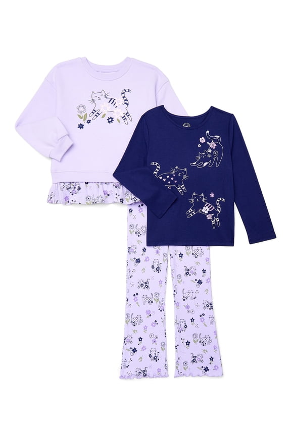 Girls Sweatshirt and Tee with Flare Leggings Outfit Set, 3-Piece, Sizes 4-10