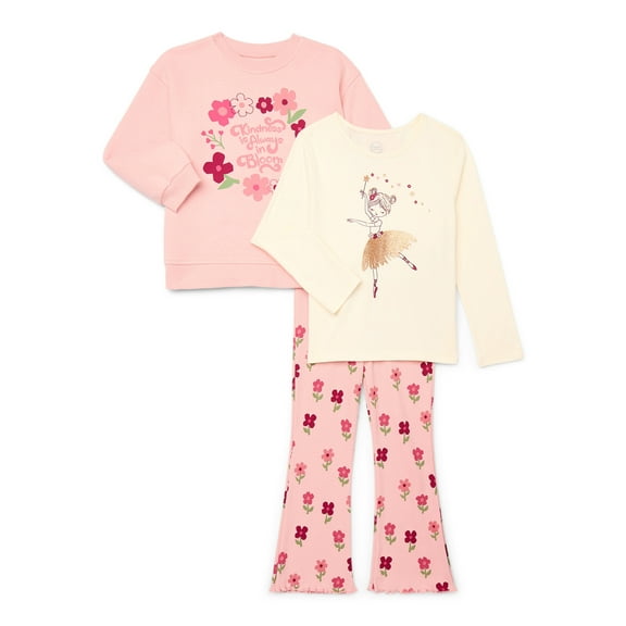 Wonder Nation Little Girl 3-Pack Sweatshirt and Flare Legging Outfit Set and Longsleeve Tee, Sizes 4-10