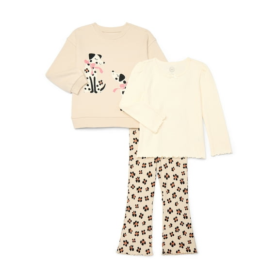 Wonder Nation Little Girl 3-Pack Sweatshirt and Flare Legging Outfit Set and Longsleeve Tee, Sizes 4-10