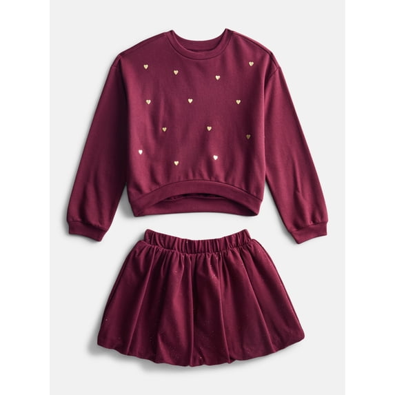 Wonder Nation Little Girls Fleece Top and Bubble Skirt Set, Sizes 4-10, 2-Piece