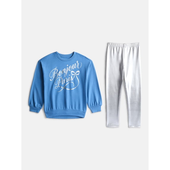 Wonder Nation Girls Crewneck and Leggings, 2-Piece Outfit Set, Sizes 4-10