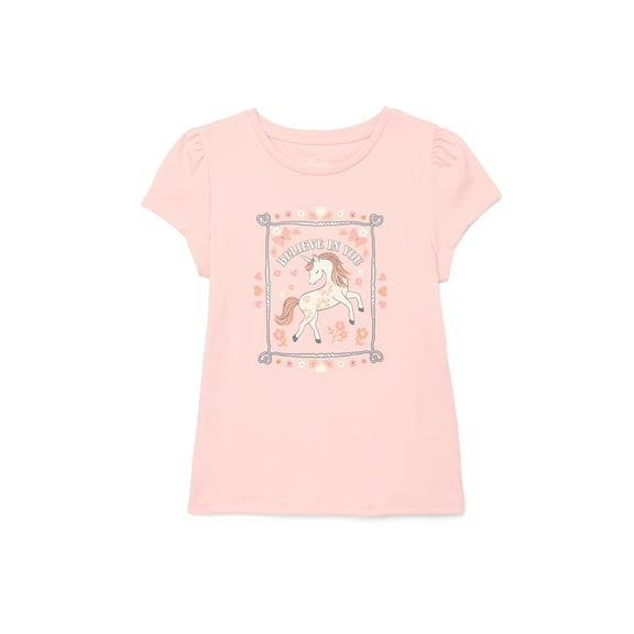 Wonder Nation Little Girls Short Puff Sleeve Graphic Tee, Sizes 4-10