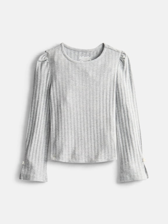 Little Girls Ribbed Top with Long Bow Sleeves, Sizes 4-10