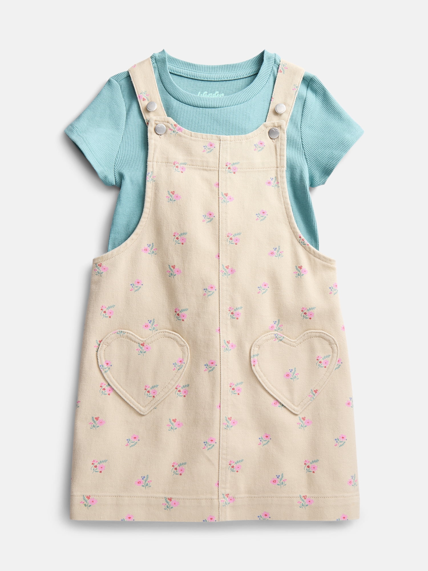 Wonder Nation Little Girls Tee and Pinafore, 2-Piece Outfit Set, Sizes 4-10