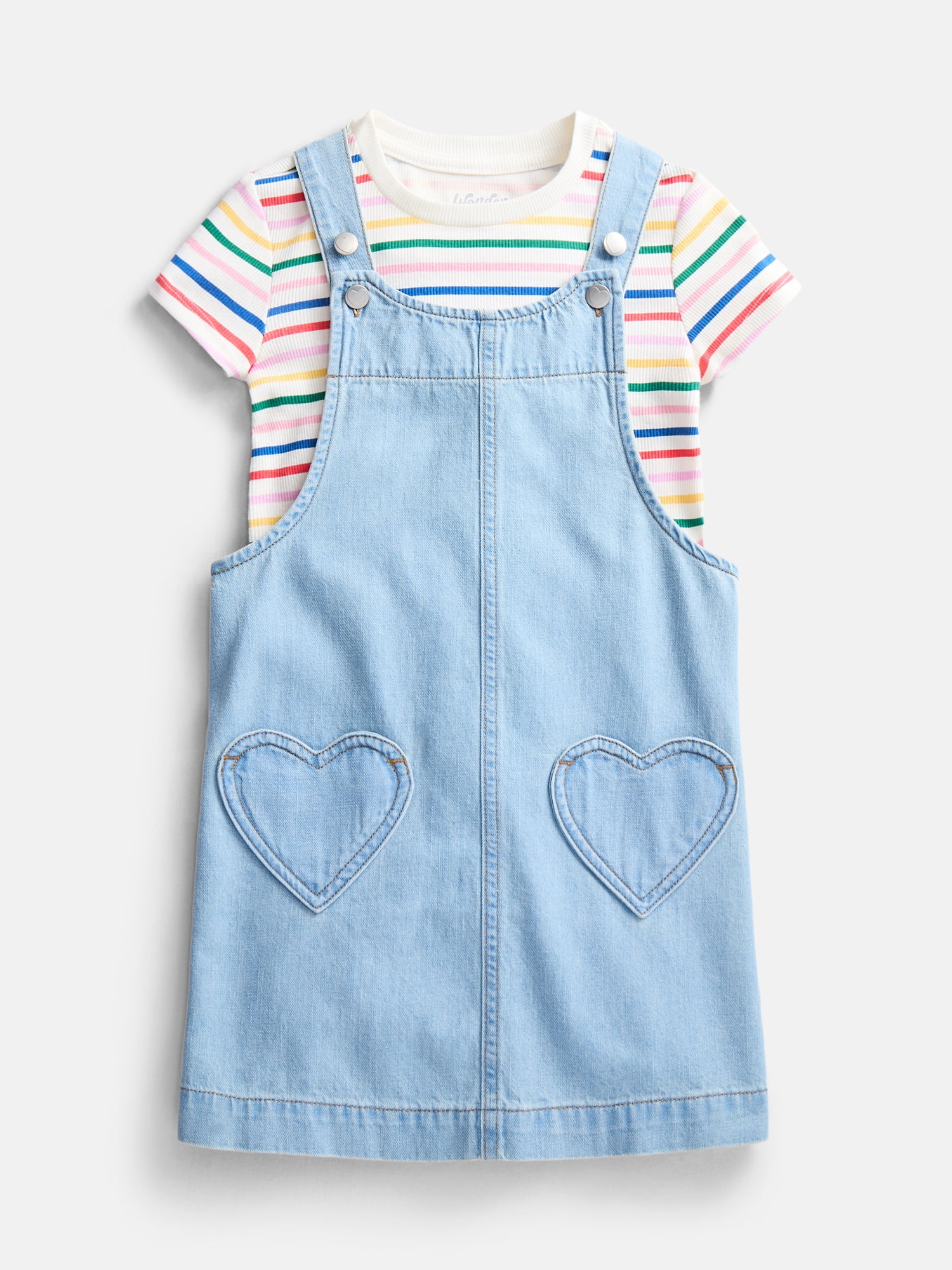 Wonder Nation Little Girls Tee and Pinafore, 2-Piece Outfit Set, Sizes 4-10