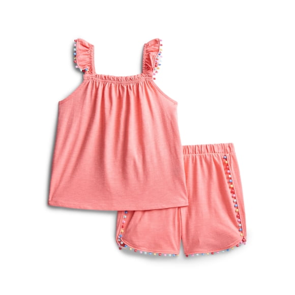 Wonder Nation Girls Pom Pom Top and Shorts Outfit Set, 2-Piece, Sizes 4-10