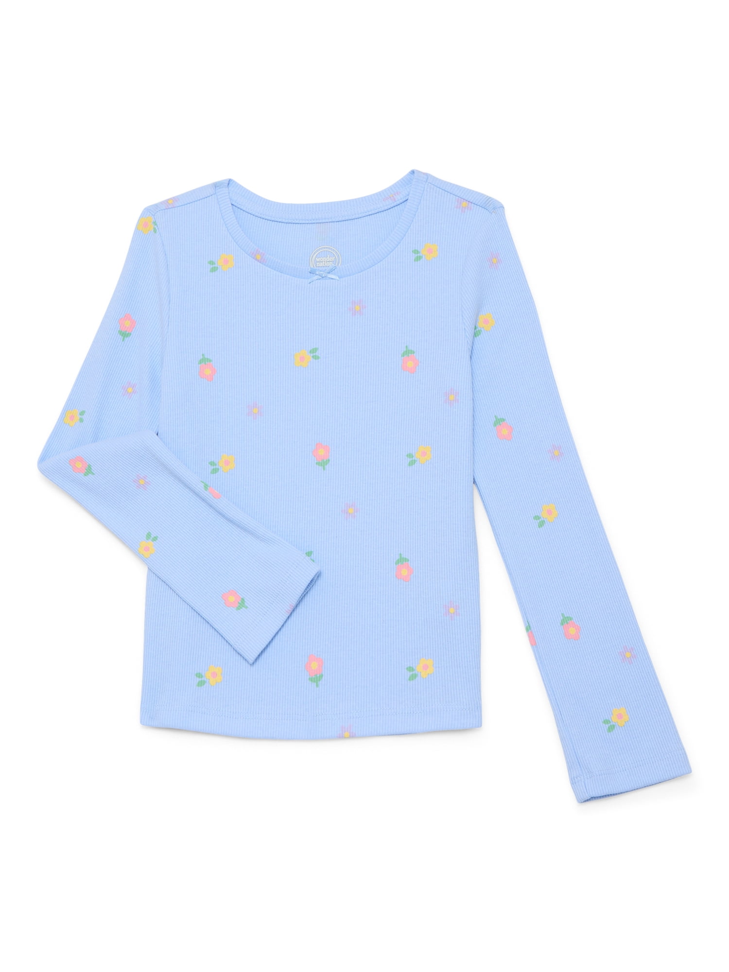 Wonder Nation Girls Printed Rib Tee with Long Sleeves, Sizes 4-10