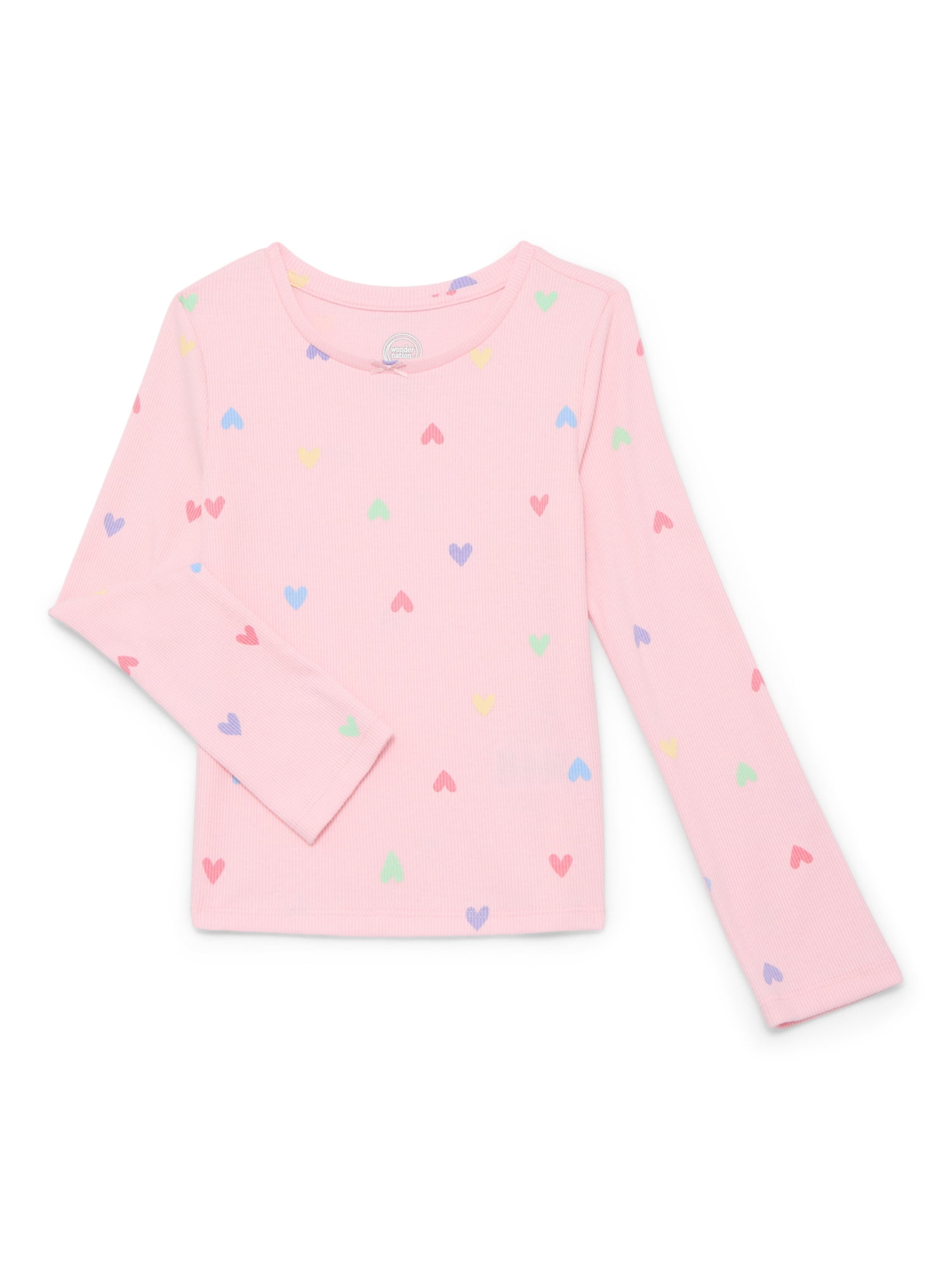 Wonder Nation Girls Printed Rib Tee with Long Sleeves, Sizes 4-10