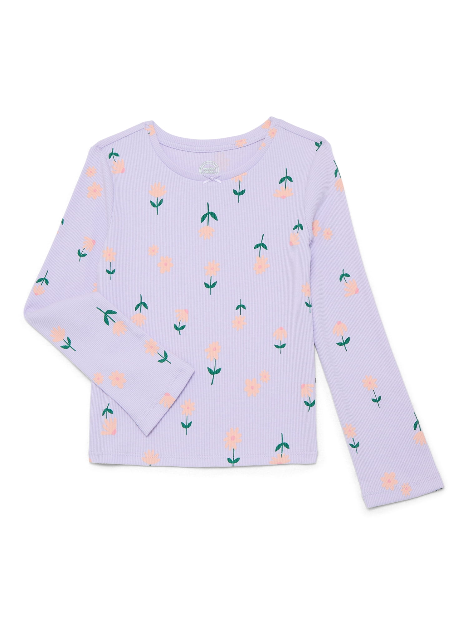Wonder Nation Girls Printed Rib Tee with Long Sleeves, Sizes 4-10