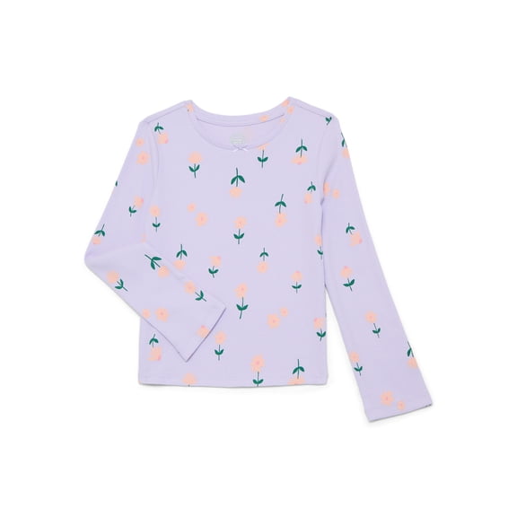 Wonder Nation Girls Printed Rib Tee with Long Sleeves, Sizes 4-10