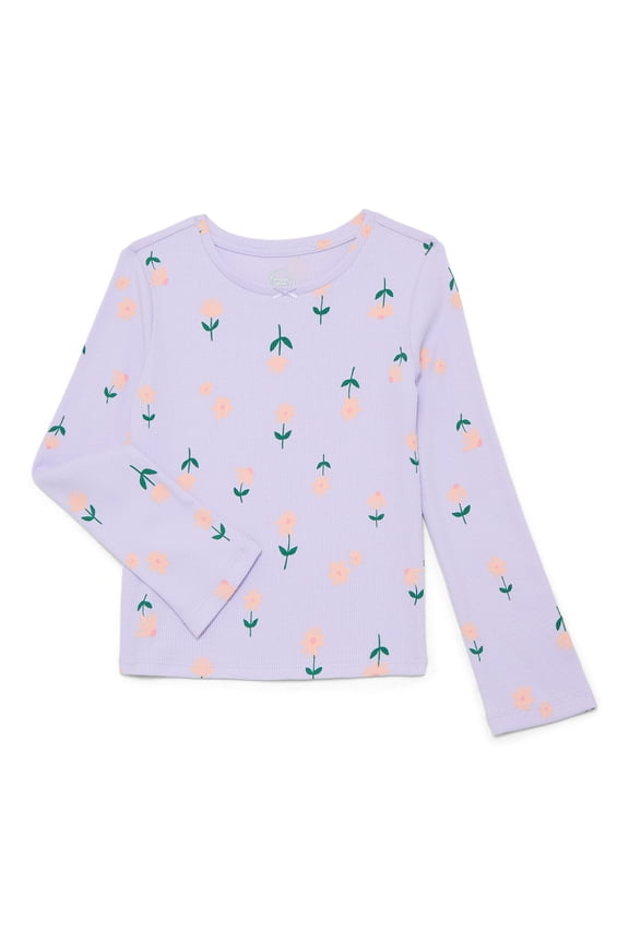 Girls Printed Rib Tee with Long Sleeves, Sizes 4-10