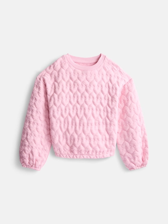 Little Girls Embossed Heart Crewneck Top with Long Puff Sleeves, Sizes 4-10