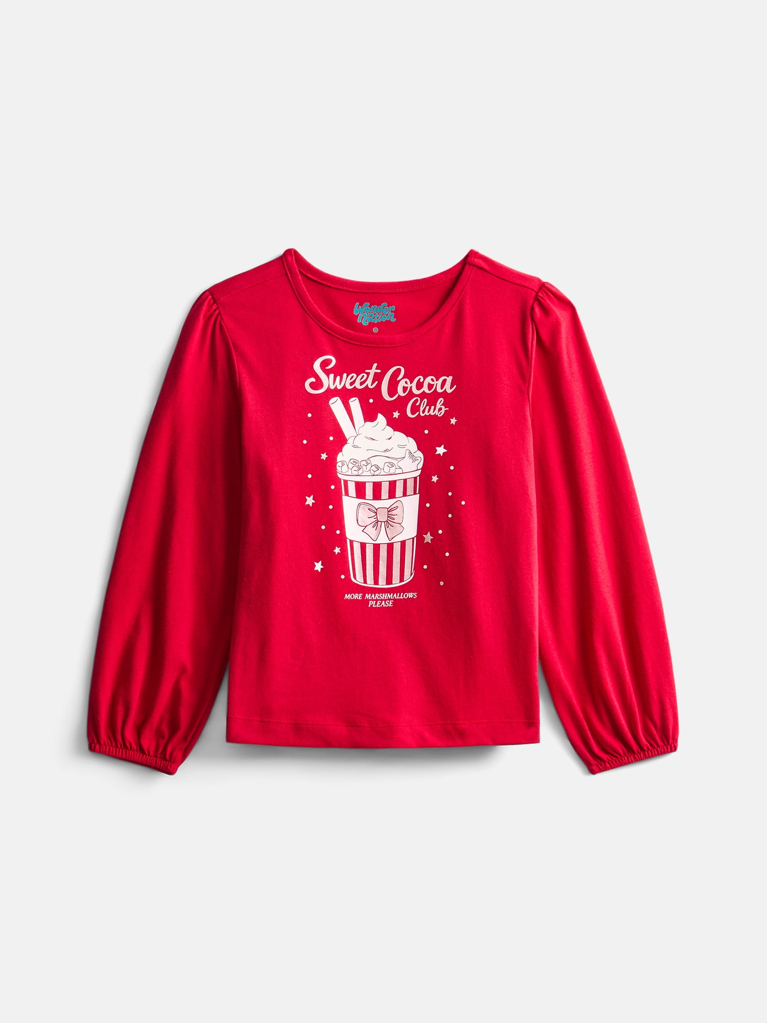 Wonder Nation Girls Graphic Tee with Long Puff Sleeves, Sizes 4-10