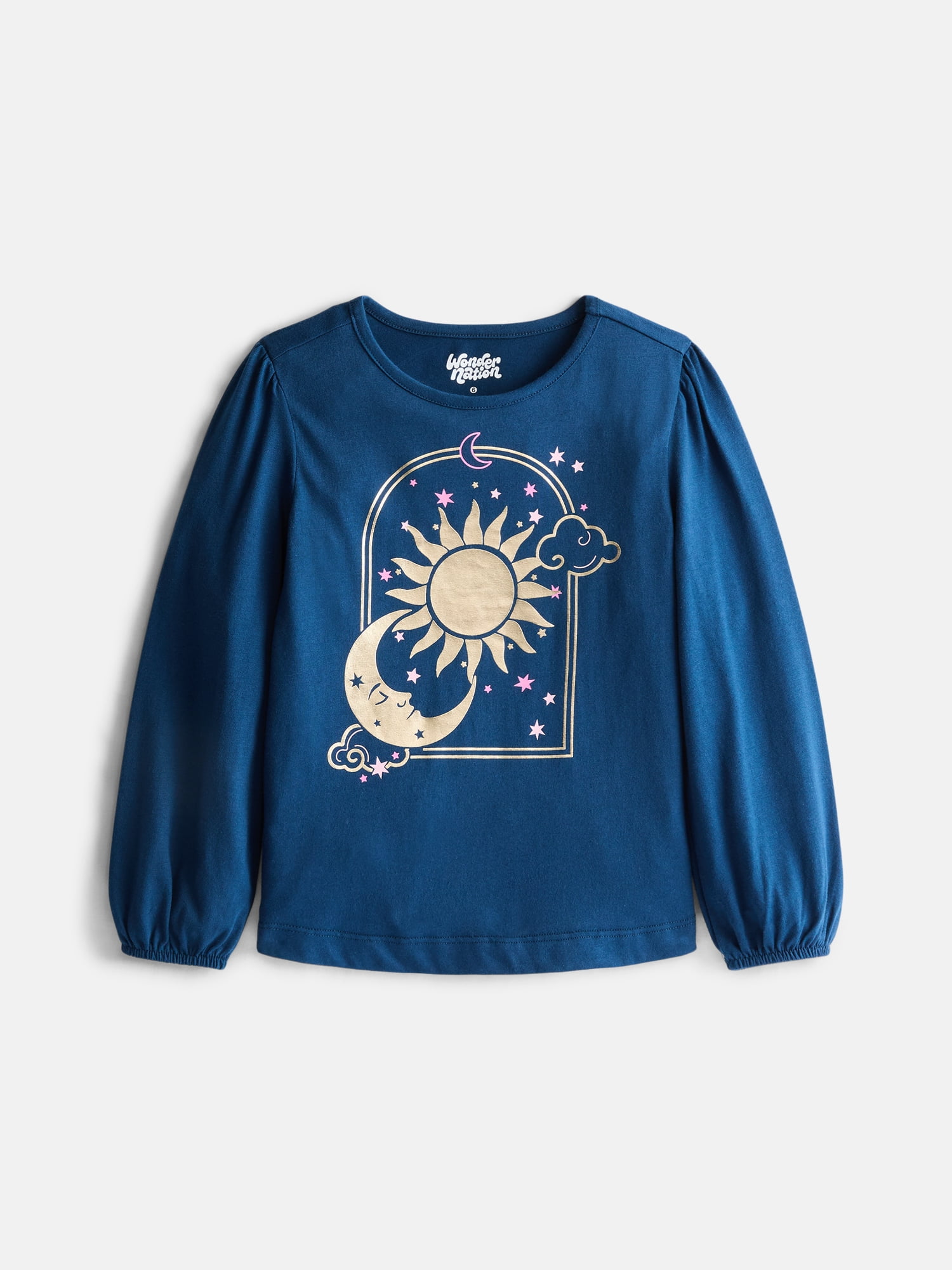 Wonder Nation Girls Graphic Tee with Long Puff Sleeves, Sizes 4-10