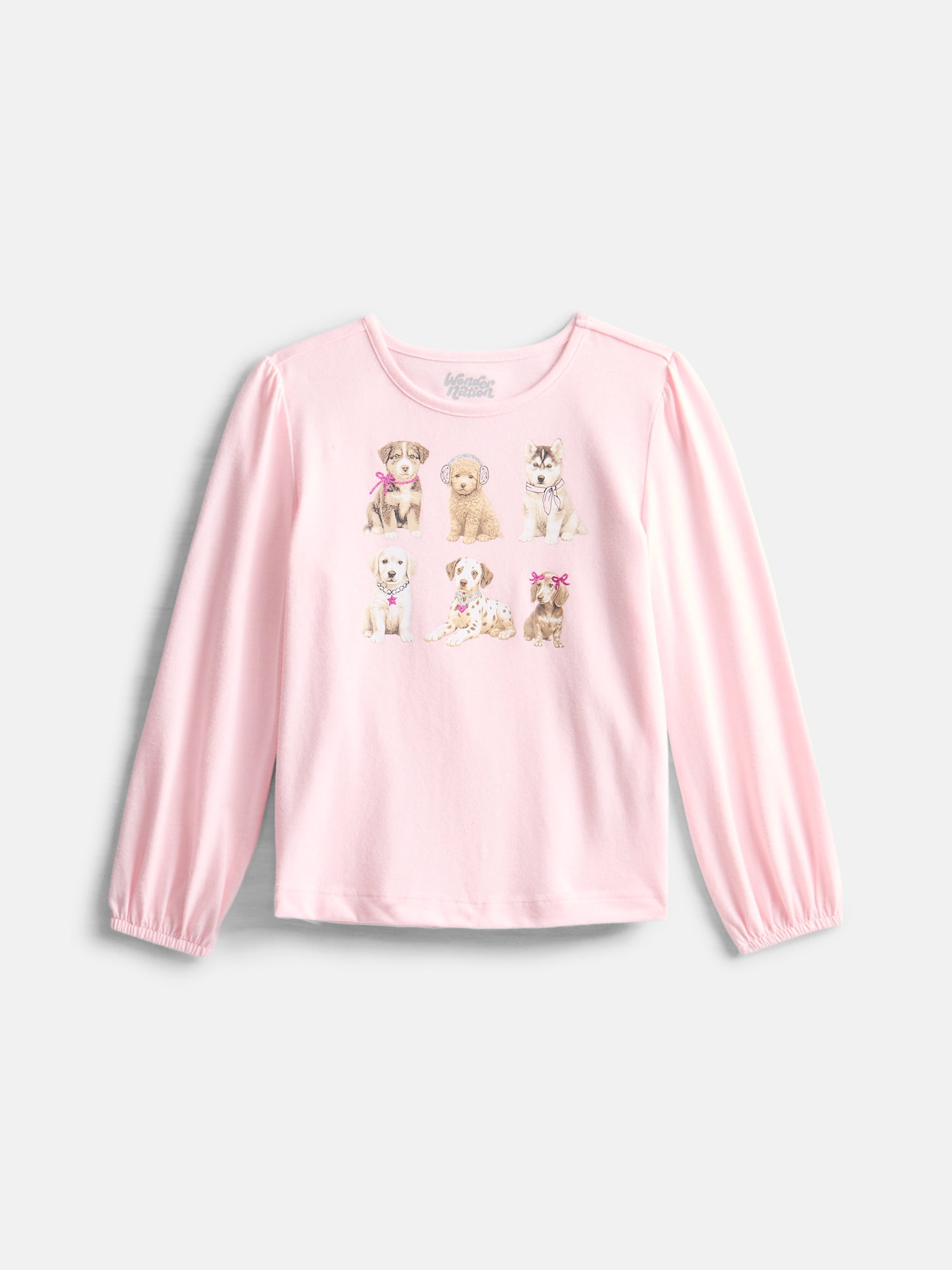 Wonder Nation Girls Graphic Tee with Long Puff Sleeves, Sizes 4-10