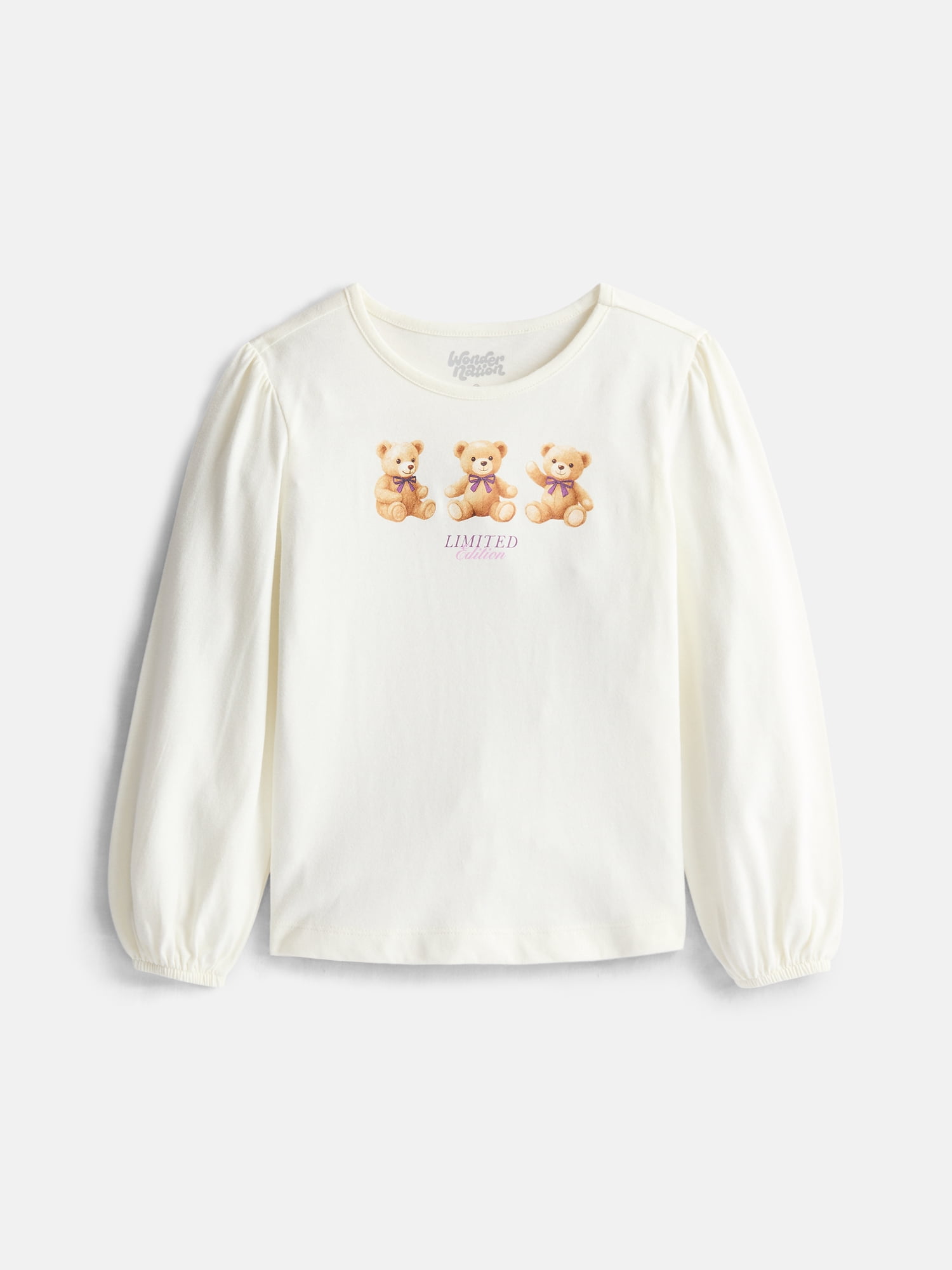 Wonder Nation Girls Graphic Tee with Long Puff Sleeves, Sizes 4-10