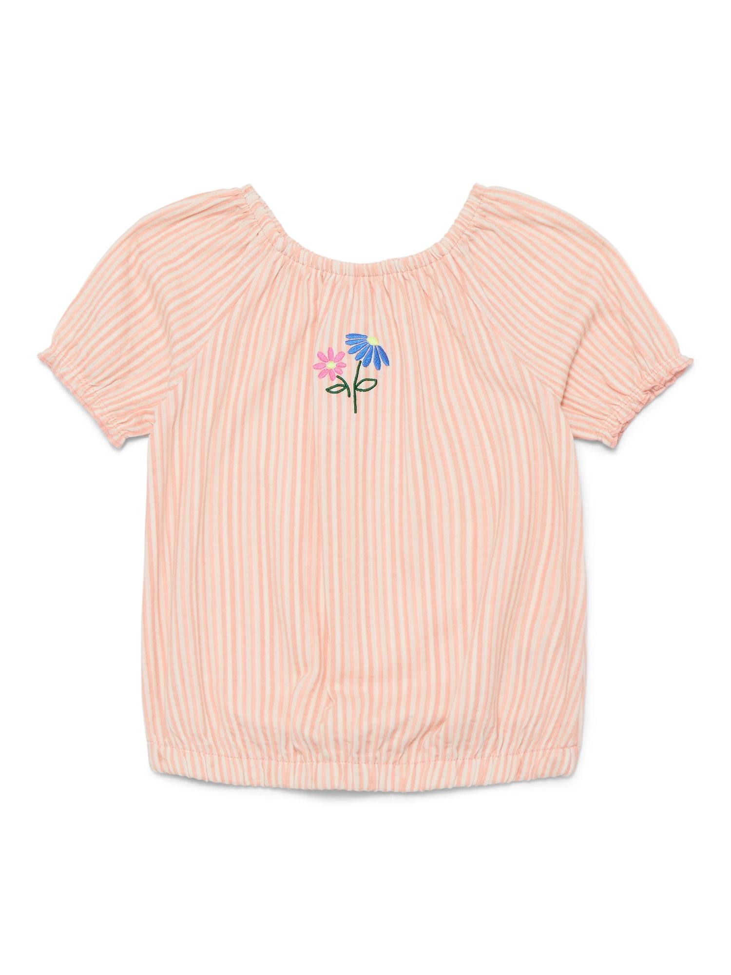 Wonder Nation Little Girls Puff Sleeve Top with Embroidery, Sizes 4-10