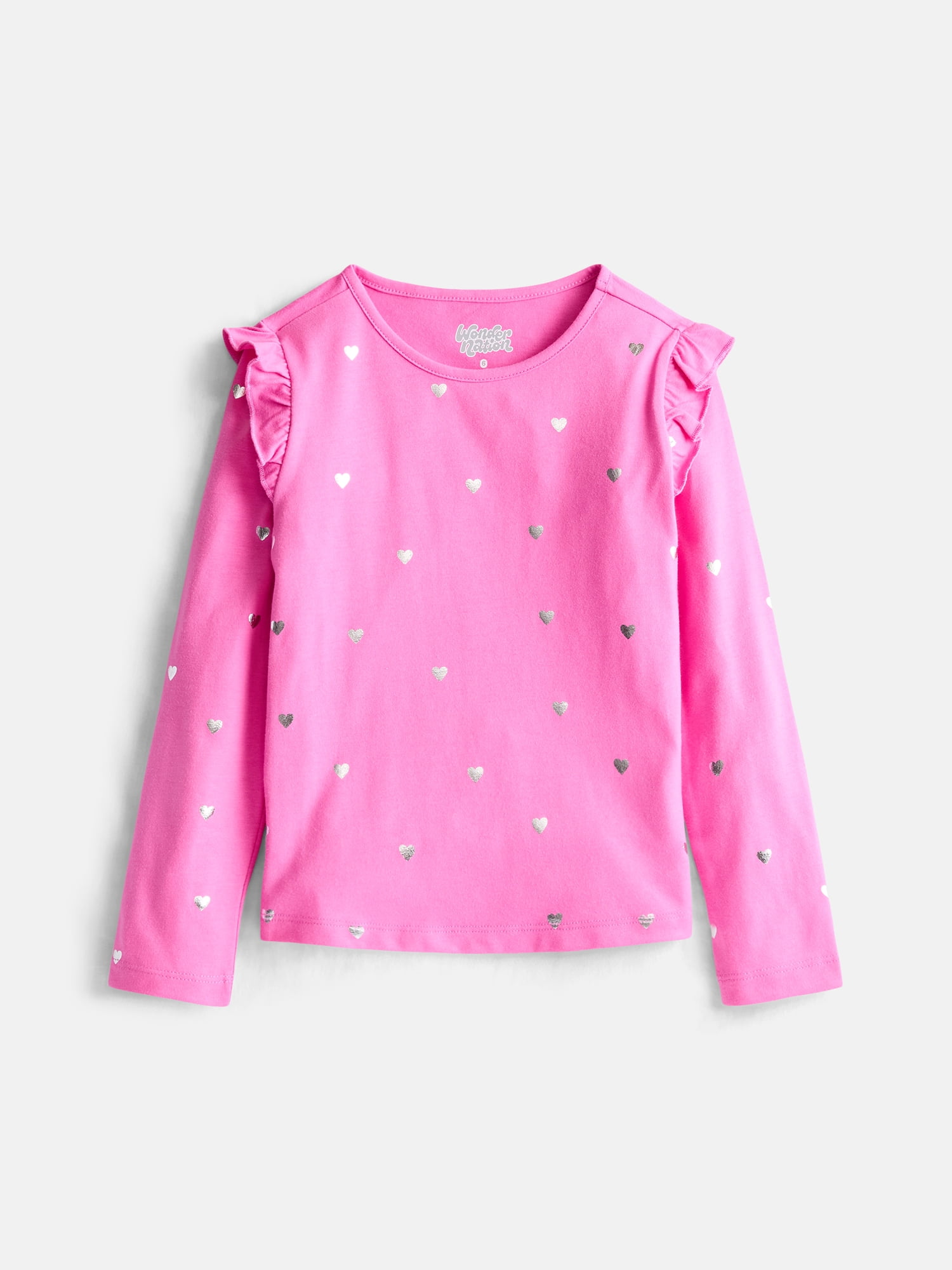 Wonder Nation Girls Printed Tee with Long Ruffle Sleeves, Sizes 4-10