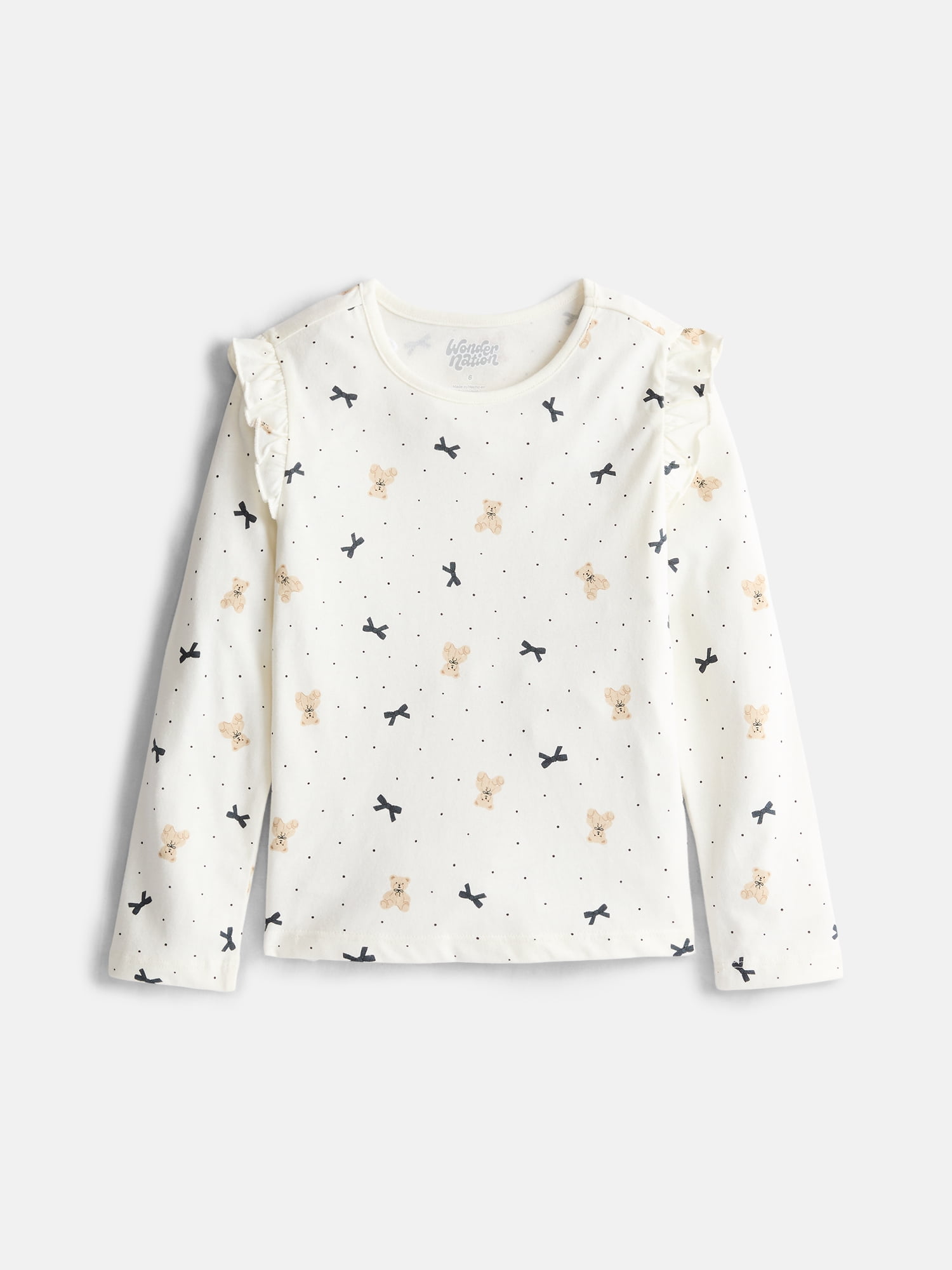 Wonder Nation Girls Printed Tee with Long Ruffle Sleeves, Sizes 4-10