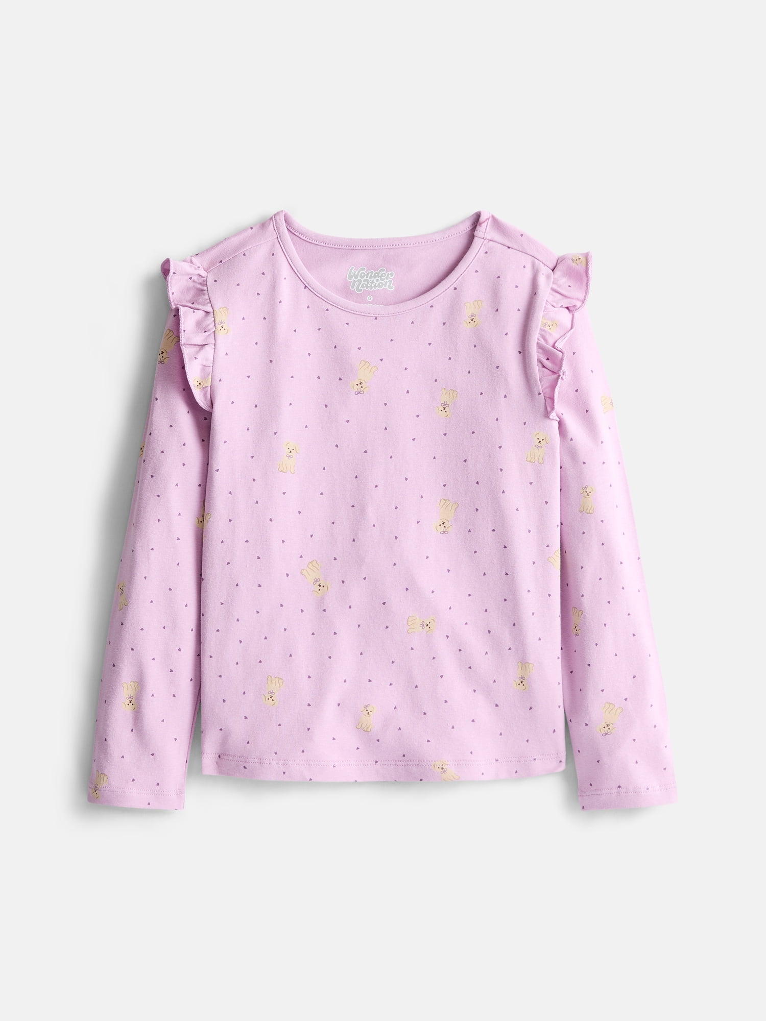 Wonder Nation Girls Printed Tee with Long Ruffle Sleeves, Sizes 4-10