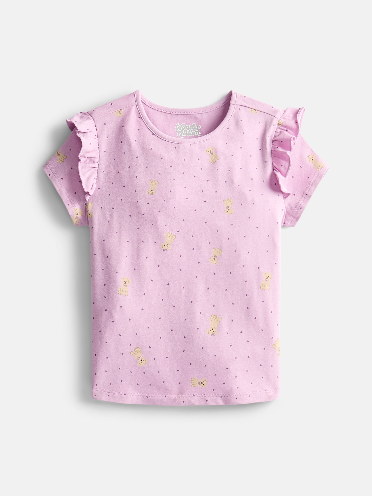 Wonder Nation Girls Printed Tee with Short Ruffle Sleeves, Sizes 4-10