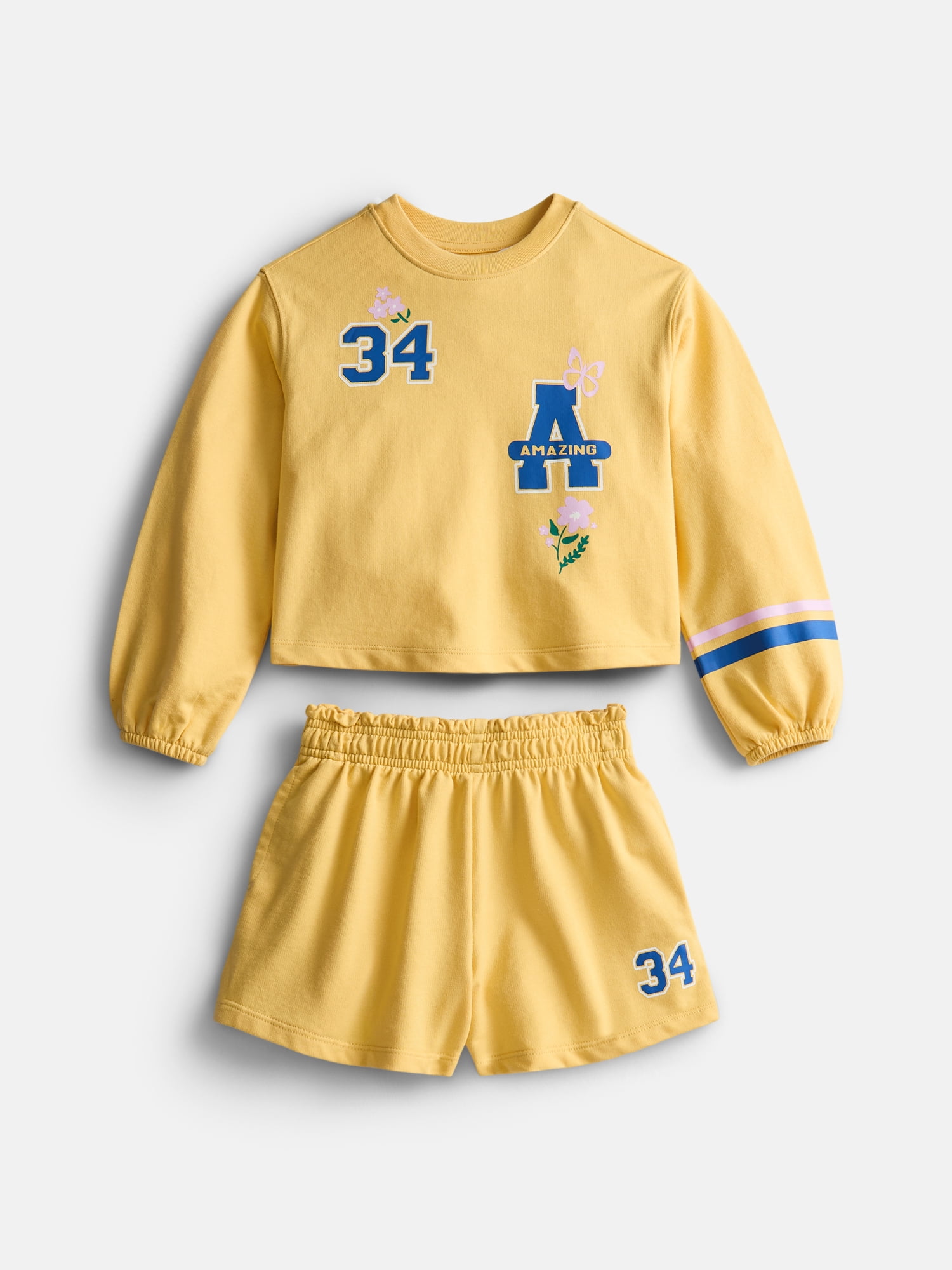 Wonder Nation Little Girls Crewneck Sweatshirt and Shorts Set, 2 Piece, Sizes 4-10