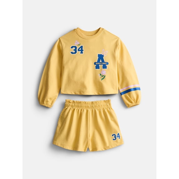 Wonder Nation Little Girls Crewneck Sweatshirt and Shorts Set, 2 Piece, Sizes 4-10