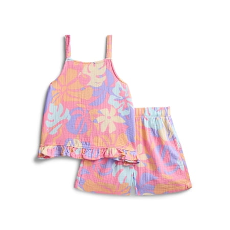 Wonder Nation Girls Textured Woven Cotton Top and Shorts Outfit Set, 2-Piece, Sizes 4-10