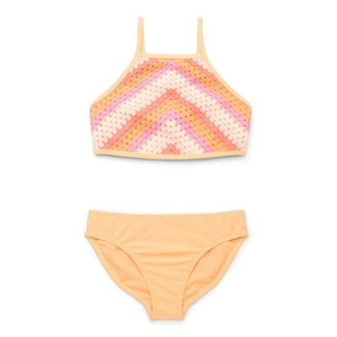 Wonder Nation Little and Big Girls Crochet High Neck Bikini Swimsuit with UPF 50+, 2-Piece, Sizes 4-18