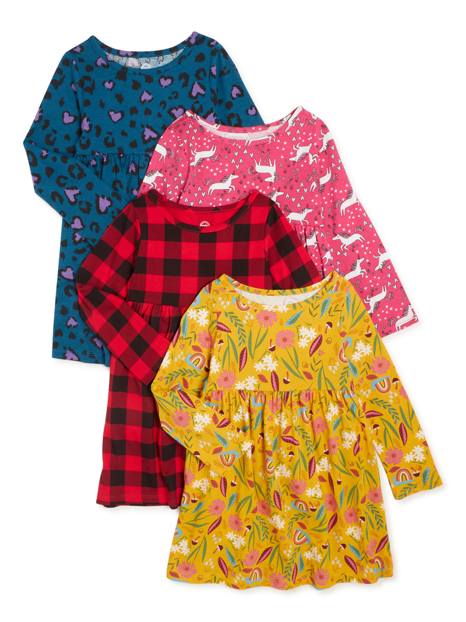 Wonder Nation Long Sleeve Crew Neck Fit & Flare Dress (Infant), 4 Count, 4 Pack - image 1 of 5