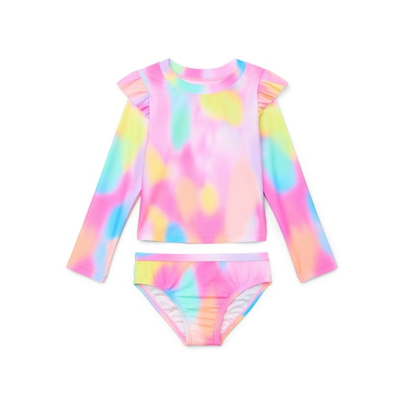 Wonder Nation Long Sleeve Ruffle UV Sun Protection Rashguard Swimsuit Sets(Girl's)