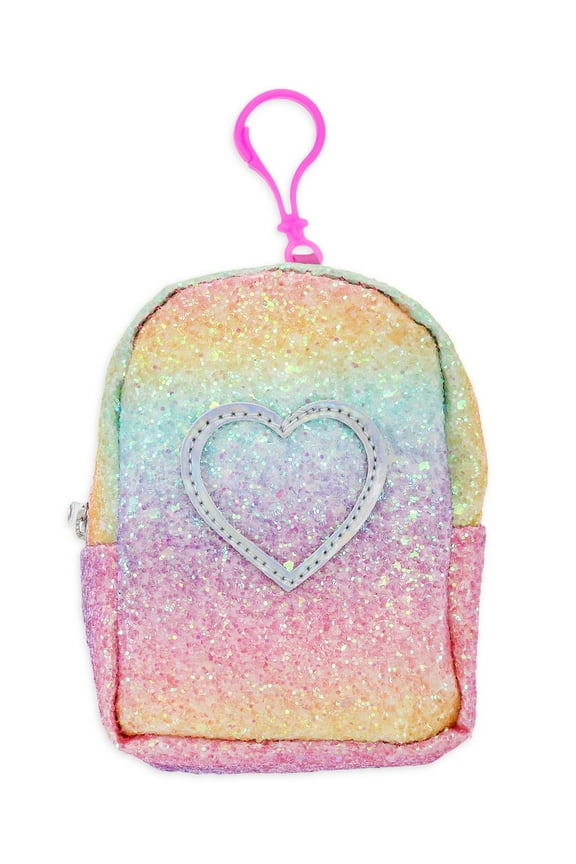 Mini Rainbow Heart Backpack Keychain, Clip-on Coin Purse and Storage Pouch for Girls, Multicolor Pastels