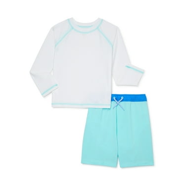 Wonder Nation Nation Toddler Boy Rashguard and Board Shorts Swim Set, 2 Pieces White/Blue