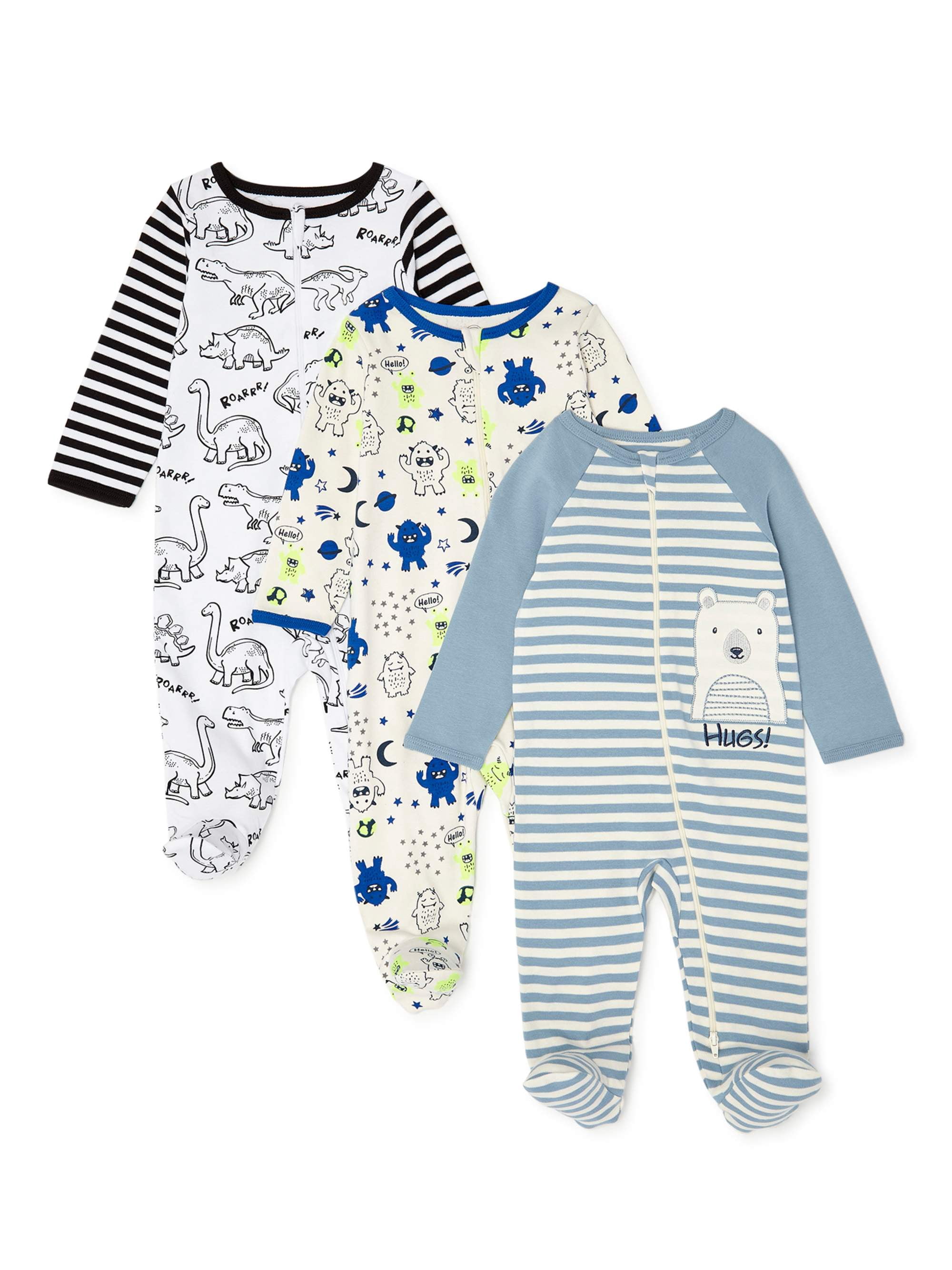 Wonder Nation Newborn Baby Boy Sleep and Play Pajamas, 3 Pack (Pre6/9M