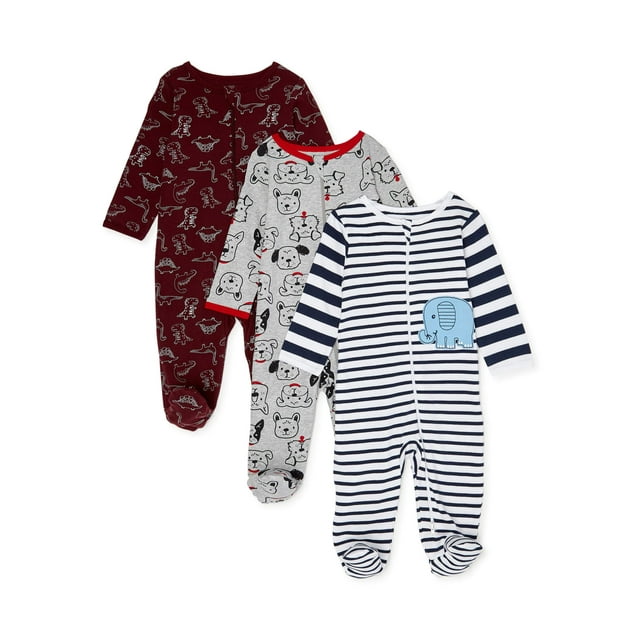 Wonder Nation Newborn Baby Boy Sleep and Play Pajamas, 3 Pack (Pre6/9M