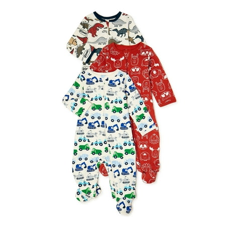 Wonder Nation Newborn Baby Boy Sleep and Play Pajamas, 3 Pack, Preemie-6/9 Months