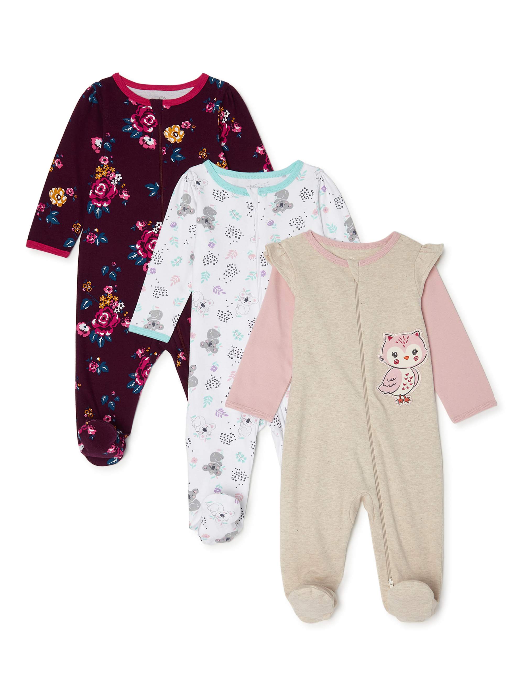 Wonder Nation Newborn Baby Girl Sleep and Play Pajamas, 3 Pack (Pre6